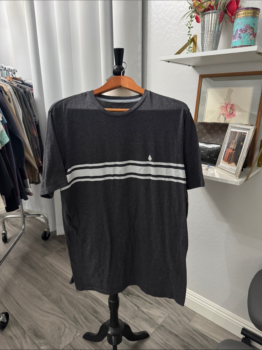 Volcom Men's Dark Gray Short-Sleeve Crew Neck Shirt with White Stripes